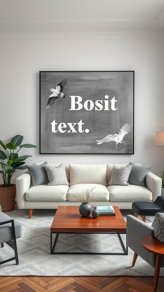 A contemporary gray living room featuring a bold artwork with birds and text above a cozy sofa.