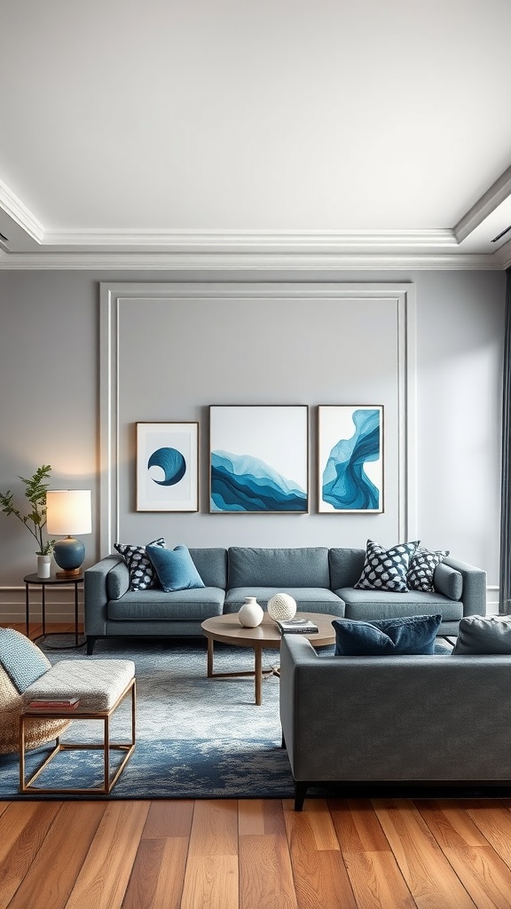 Contemporary living room with gray walls, blue accents in the furniture and decor, and wooden flooring.