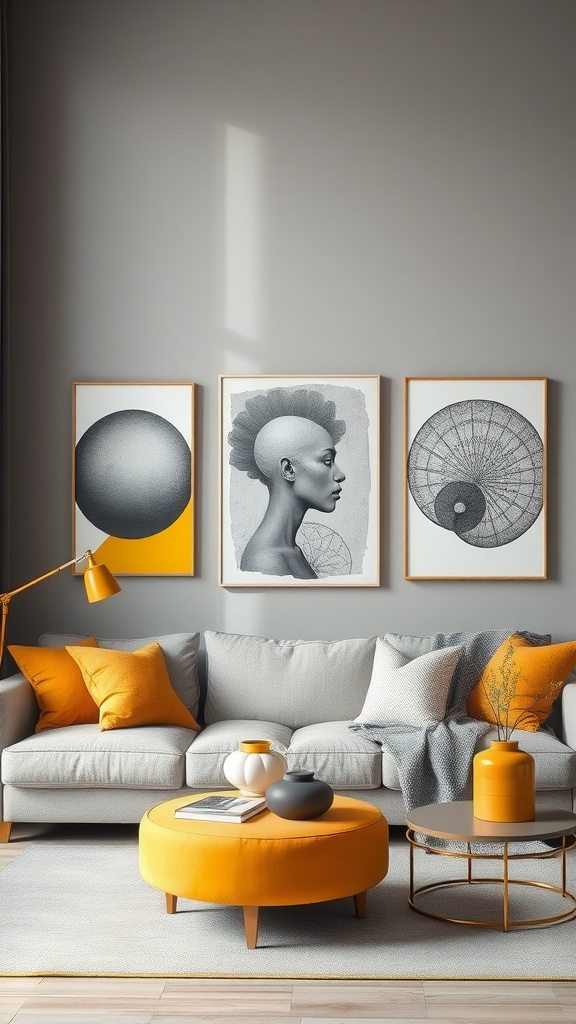 A contemporary living room featuring grey furniture and yellow accents, with modern art pieces on the wall.