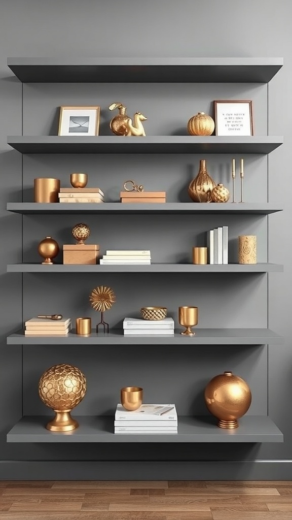 Contemporary grey shelves adorned with gold accessories, including vases, globes, and decorative items.