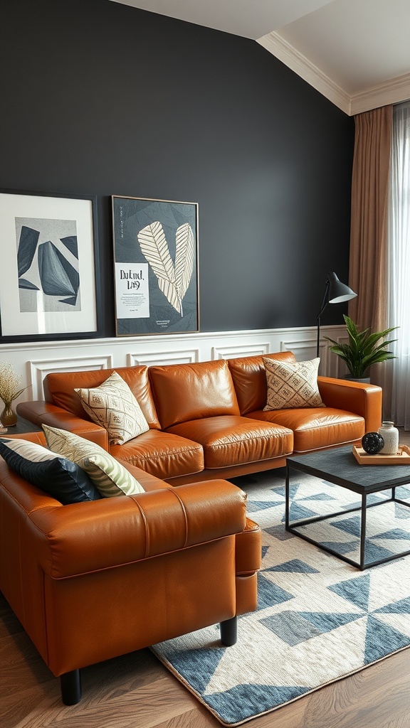 Contemporary living room featuring a brown leather sofa with geometric patterned rug and wall art