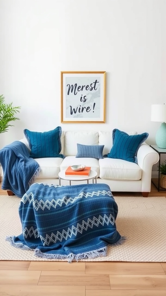 A contemporary living room featuring a white sofa with blue throw blankets, decorative pillows, and a stylish wall art piece.