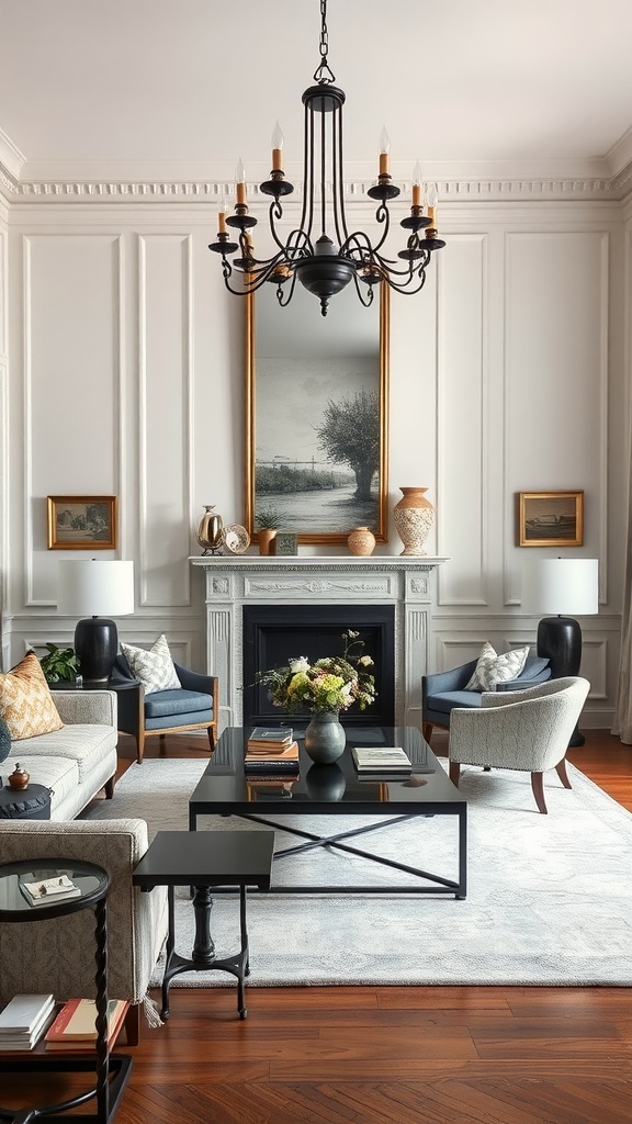 A sophisticated living room featuring a mix of contemporary and classic design elements.