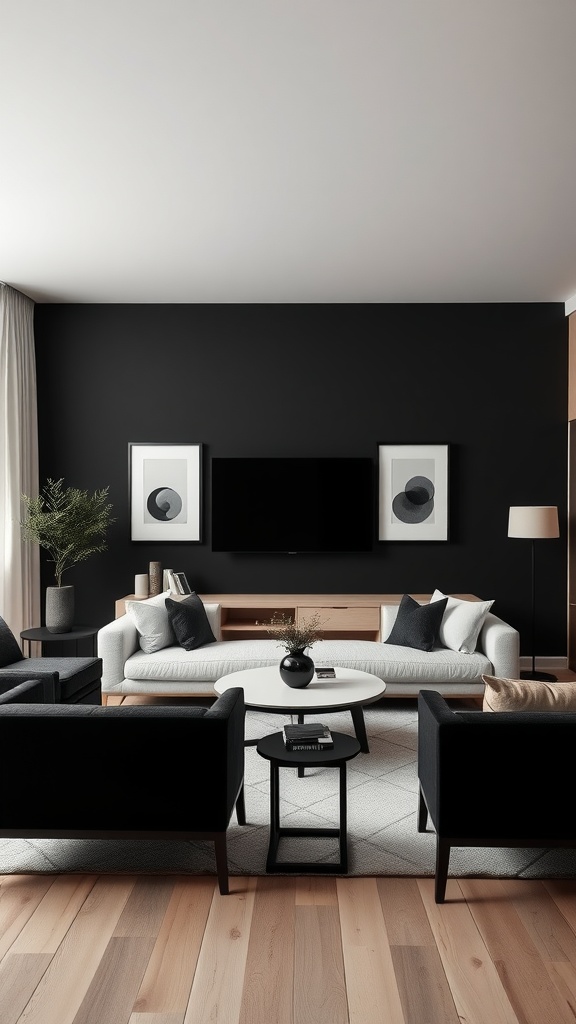 A contemporary minimalist living room featuring a black wall, cream furniture, and natural accents.