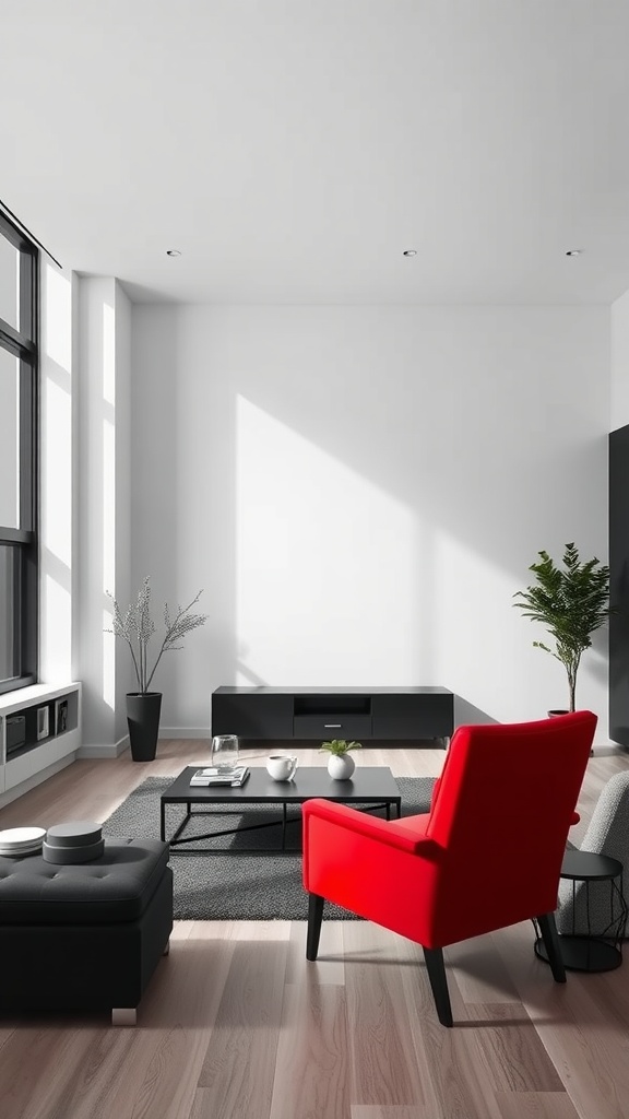 A contemporary minimalist living room featuring a red chair, black furniture, and large windows.