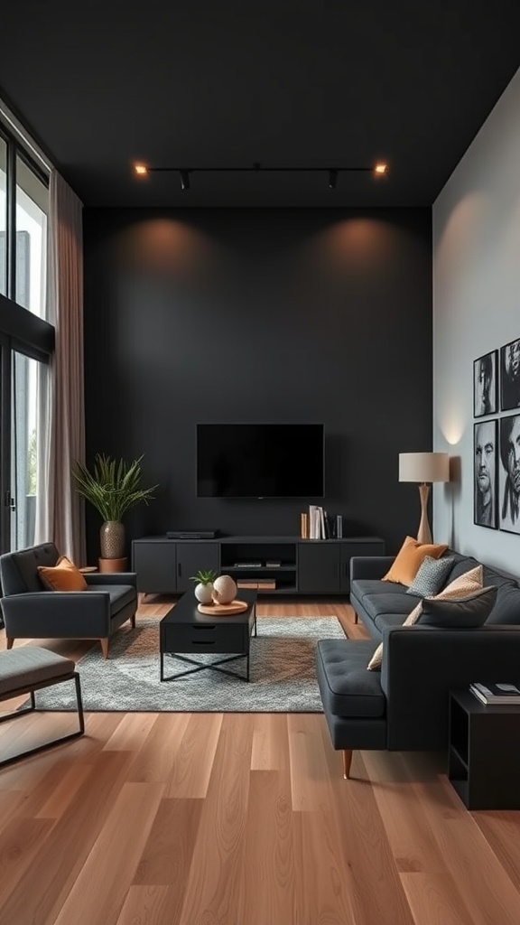 A contemporary minimalistic living room featuring a black accent wall, gray sofas, tan cushions, and a wooden floor.