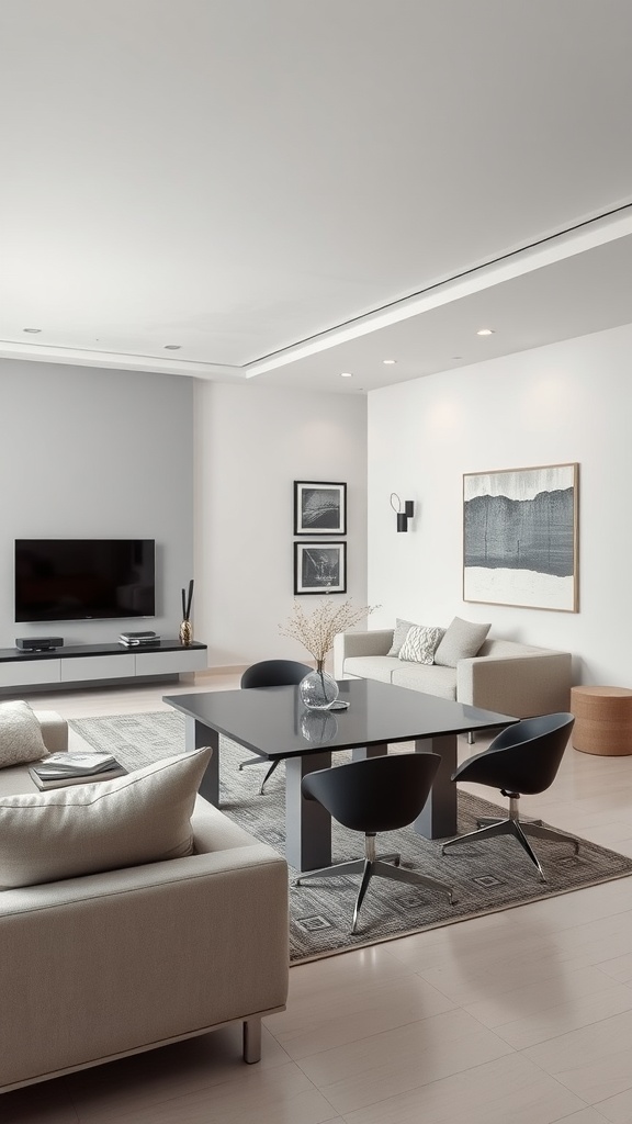 Contemporary minimalist living and dining room design with beige sofas, gray table, black chairs, and art on the walls.