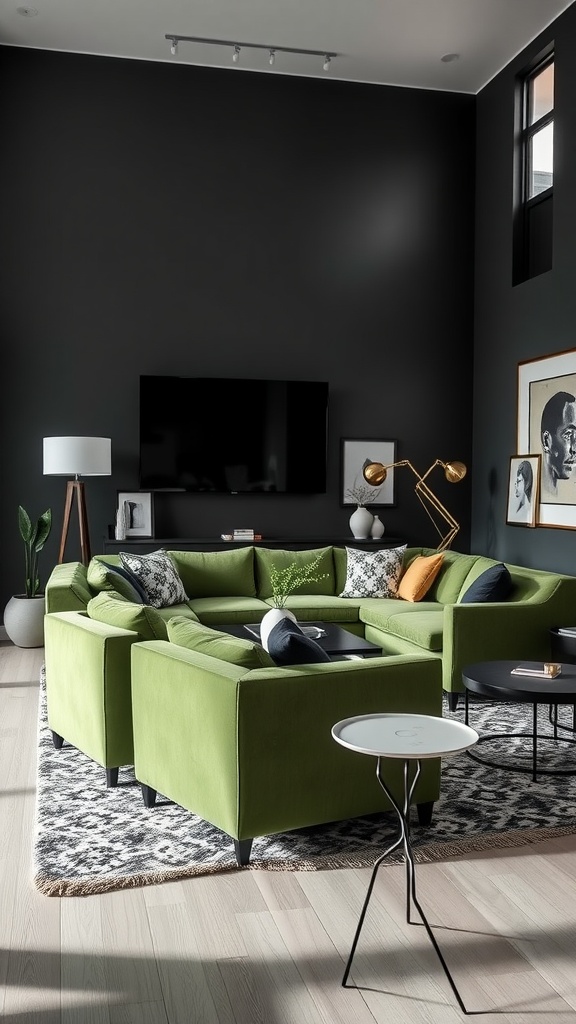 A contemporary living room featuring a green sofa against black walls, with a stylish arrangement and modern decor.