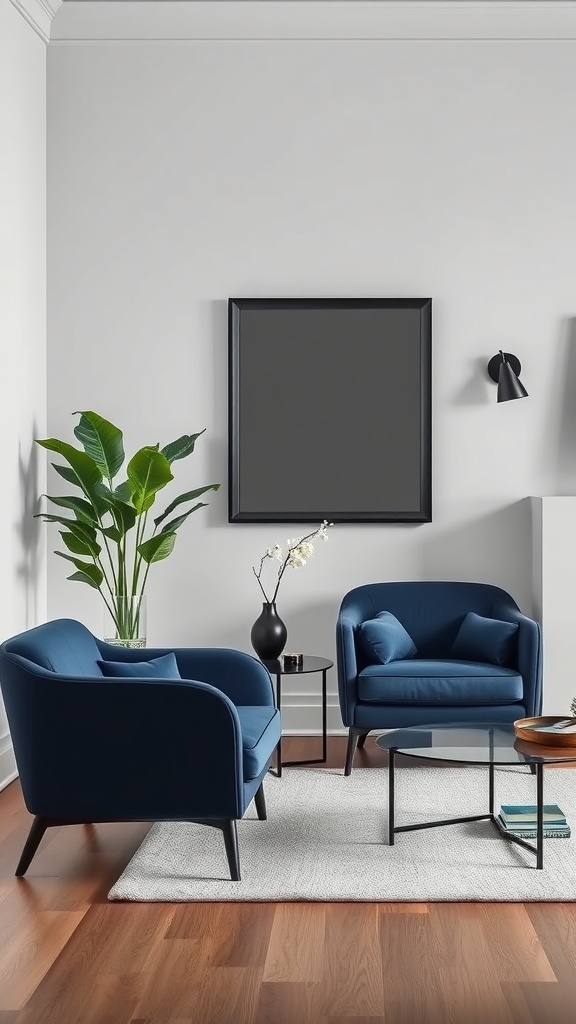 Two contemporary navy blue chairs in a stylish living room with a potted plant and a glass coffee table.