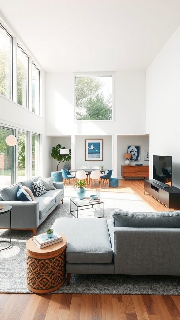 A contemporary living room with blue accents, featuring large windows, blue sofas, and a dining area.