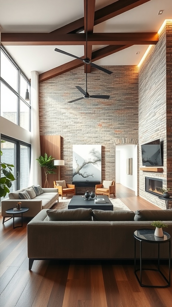 Living room with a brick accent wall, wooden beams, and modern furniture