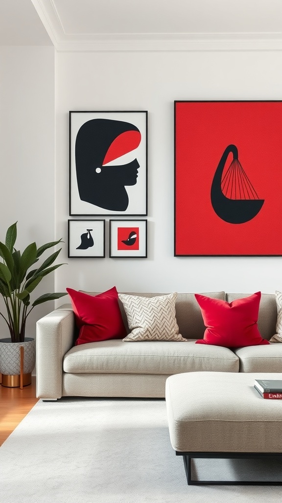 A contemporary living room featuring red and black art pieces on the wall, a light-colored sofa with red cushions, and a potted plant.