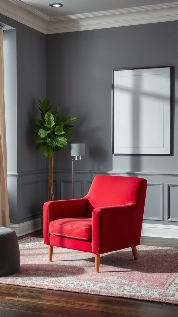 A contemporary red armchair in a grey living room with natural light and a green plant.