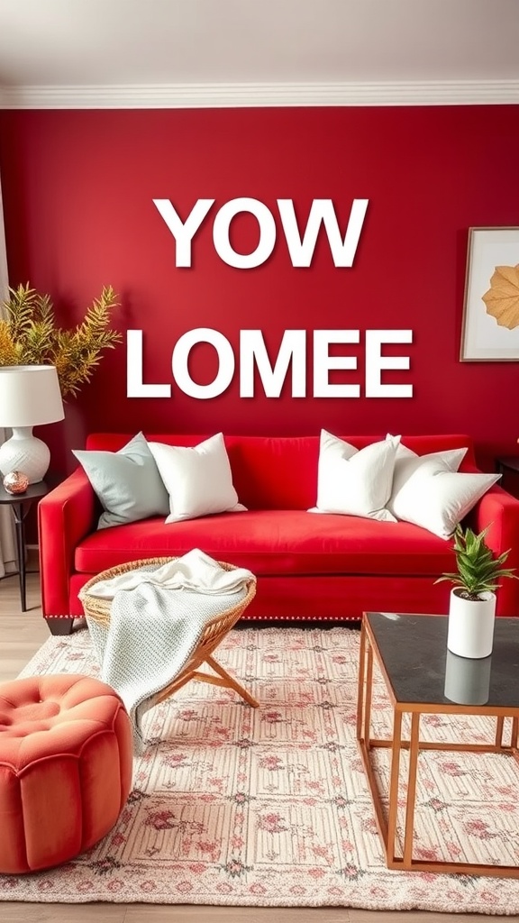 A contemporary living room featuring a vibrant red sofa, white décor, and stylish accents.