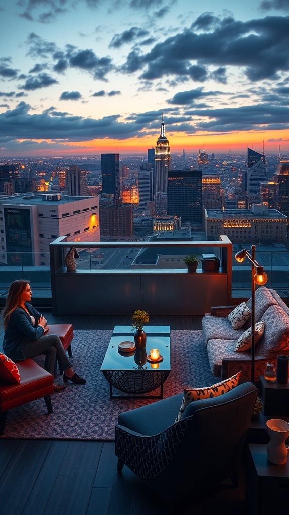 A contemporary rooftop lounge with city skyline view at sunset, featuring cozy seating and candles.