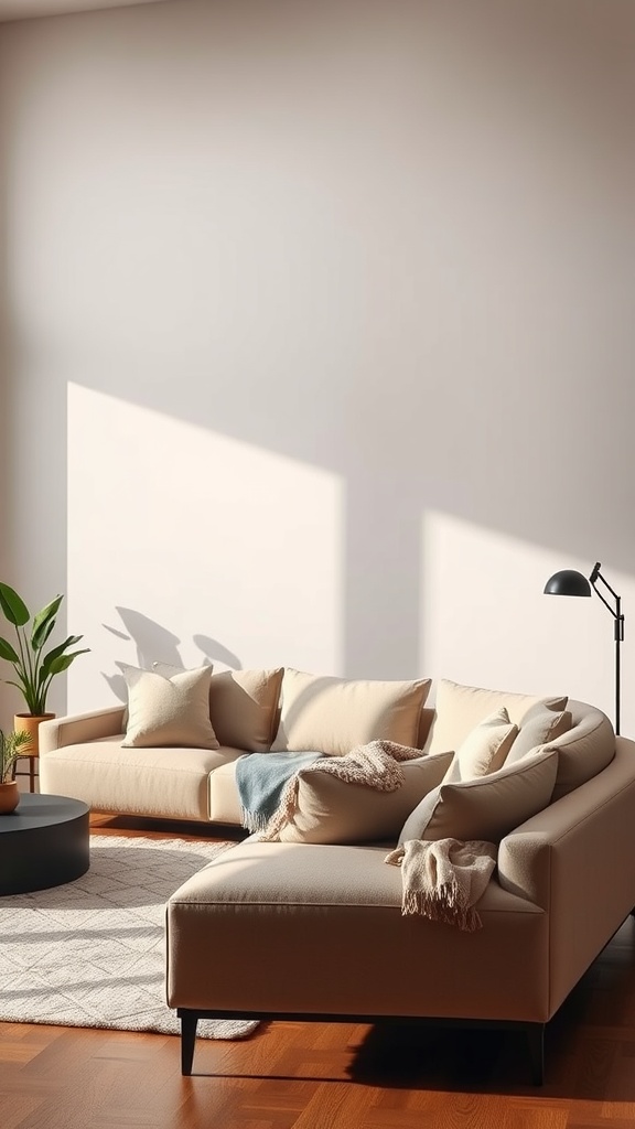 A contemporary sectional sofa in a living room with geometric shapes, featuring beige upholstery, cozy throw pillows, and a round coffee table.