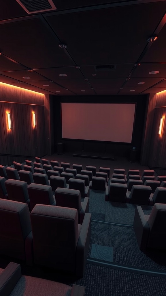 Contemporary sunken cinema room with plush seating and a large screen