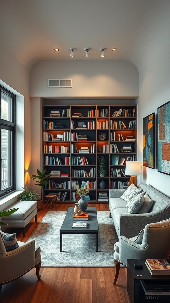 A contemporary sunken reading nook with a cozy seating area, bookshelves, and plants.