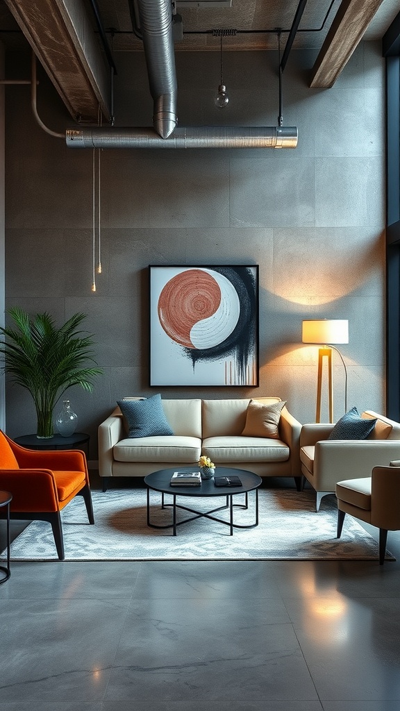 A contemporary urban chic living room featuring a light-colored sofa, vibrant orange chairs, and striking wall art.