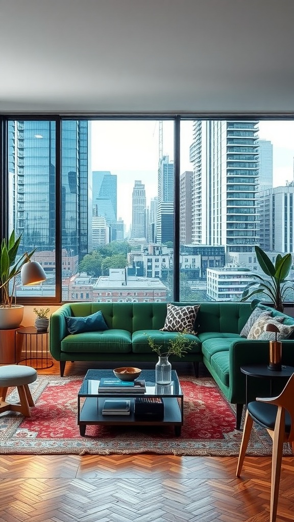 Living room featuring a green sofa, modern decor, and a city skyline view