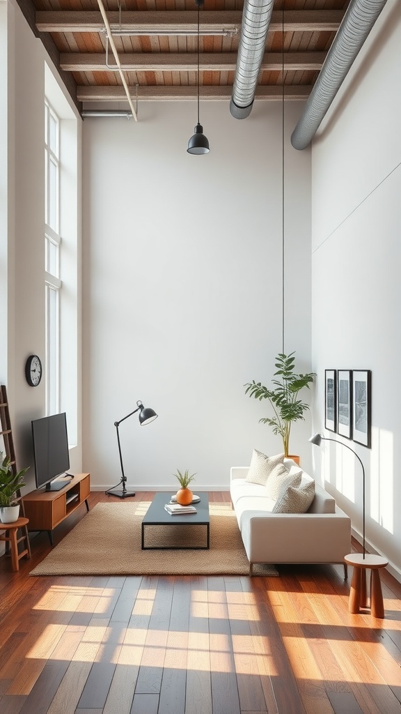 A contemporary urban loft with high ceilings, large windows, and minimalist furniture.