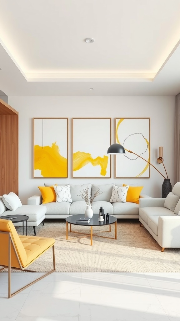 A contemporary living room featuring white and yellow art pieces on the wall, with a cream-colored sofa and yellow accent chairs.