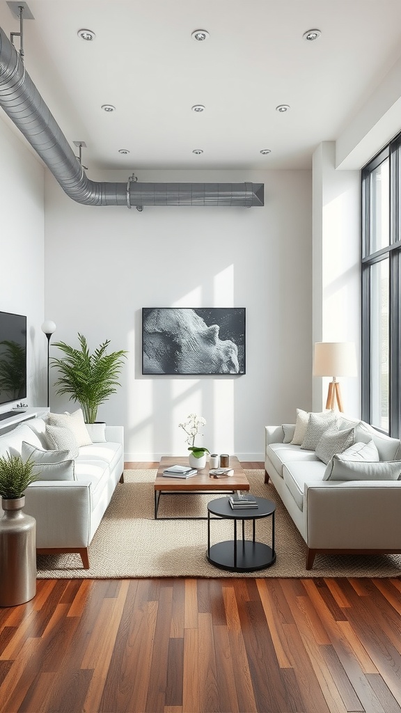 A contemporary living room with white walls, industrial ducting, and warm wooden floors.