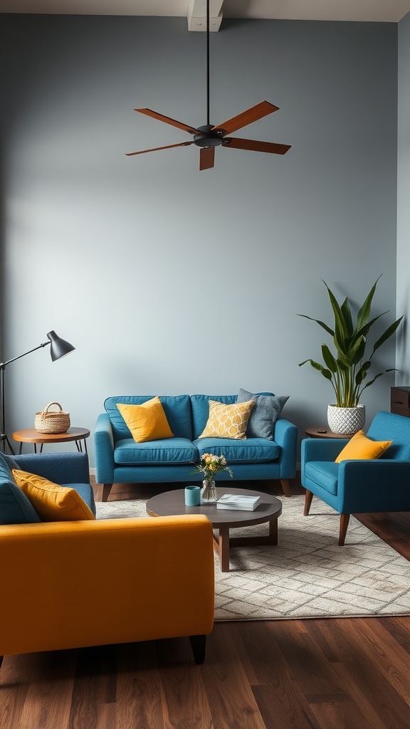 A living room featuring blue sofas and yellow chairs against a blue wall