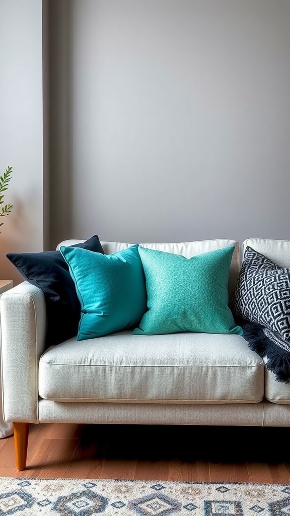 A cozy living room sofa adorned with teal and black pillows.