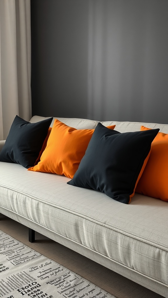 A modern living room sofa featuring contrasting black and orange pillows against a dark wall.