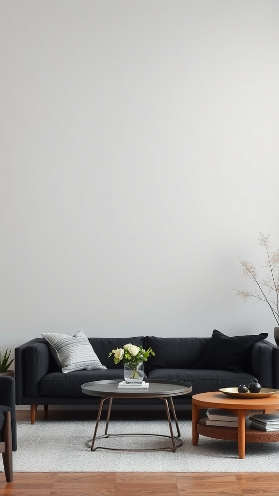 A modern living room featuring a black couch, two coffee tables, and a floral arrangement on the table.