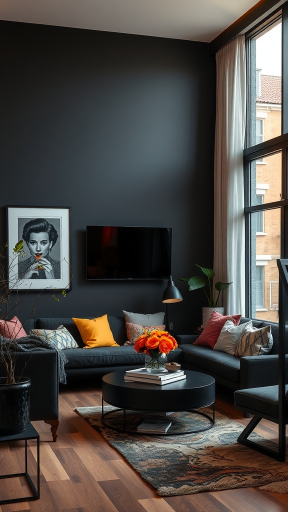 A stylish living room with dark walls, a black sofa adorned with colorful cushions, a round coffee table, and bright floral arrangements.