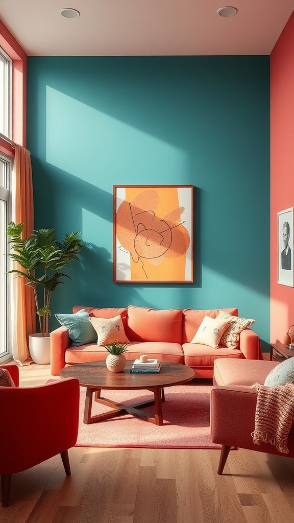 Living room featuring teal and coral color blocks on the walls, with colorful furniture and decor.