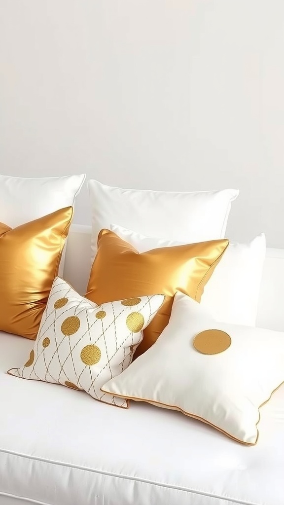 A collection of gold and white throw pillows on a white sofa, showcasing various textures and patterns.