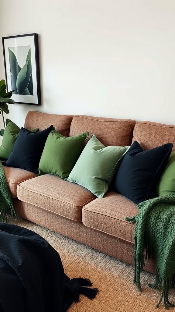 A cozy living room sofa with green and black pillows and a blanket