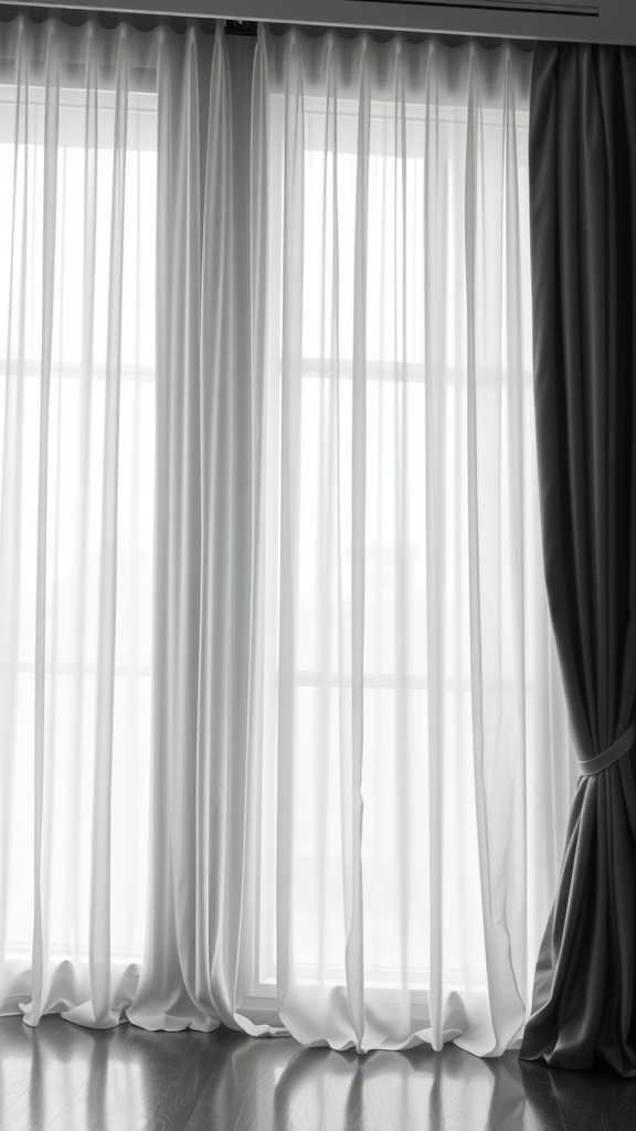 Image of contrasting silver curtains draped in a living room setting.