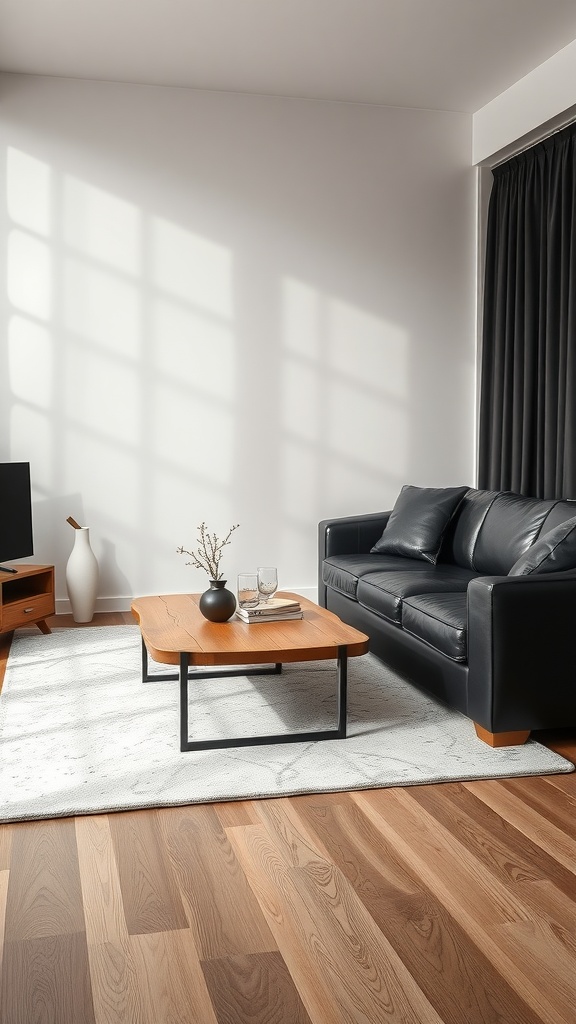 A stylish living room featuring a black leather sofa, a wooden coffee table, and a soft area rug.