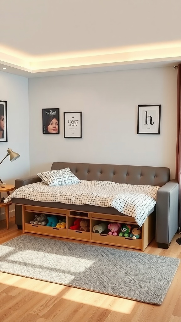 A stylish daybed with toy storage underneath, showcasing a tidy living space.