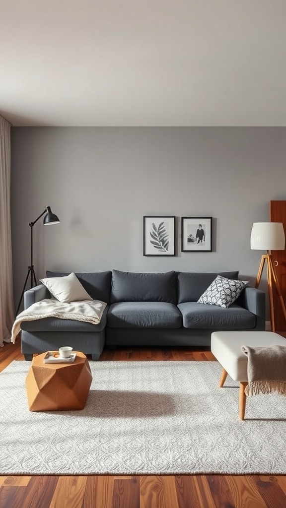 Cozy living room featuring a convertible sectional sofa, wooden coffee table, and stylish decor.