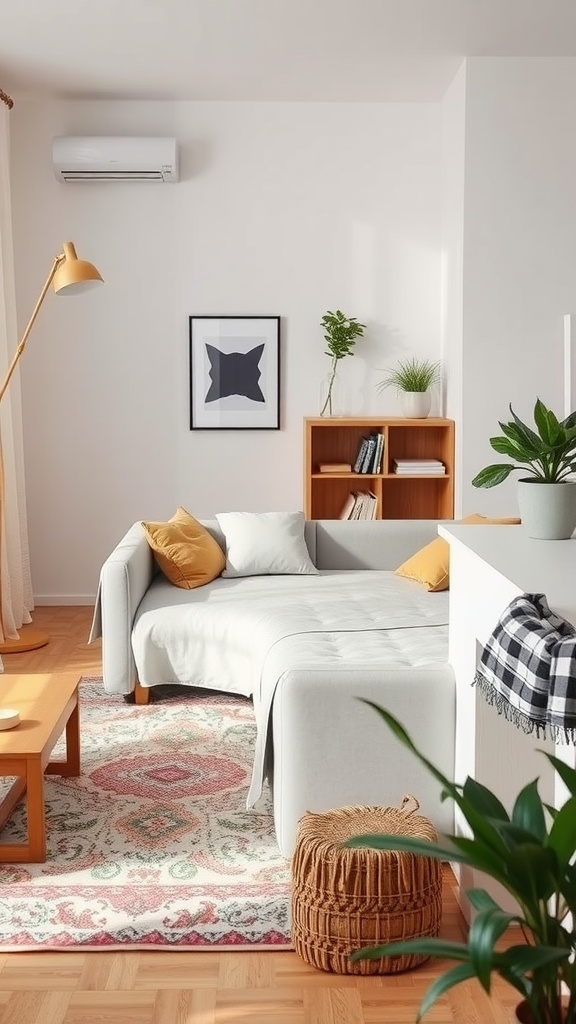 A cozy living room featuring a convertible sofa with decorative pillows and a stylish coffee table on a patterned rug.