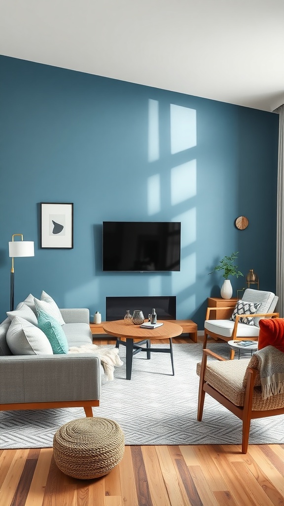 Living room with a cool blue accent wall and natural wood furniture