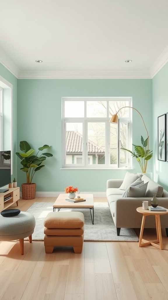 A living room painted in cool mint green with modern furniture and plants