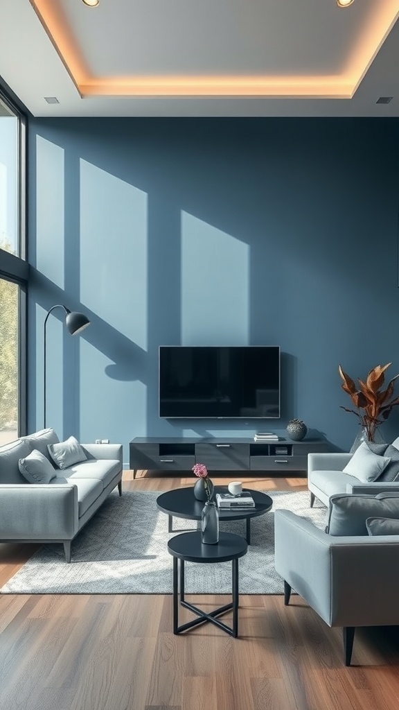 A modern living room with cool steel blue walls, gray furniture, and wooden flooring.