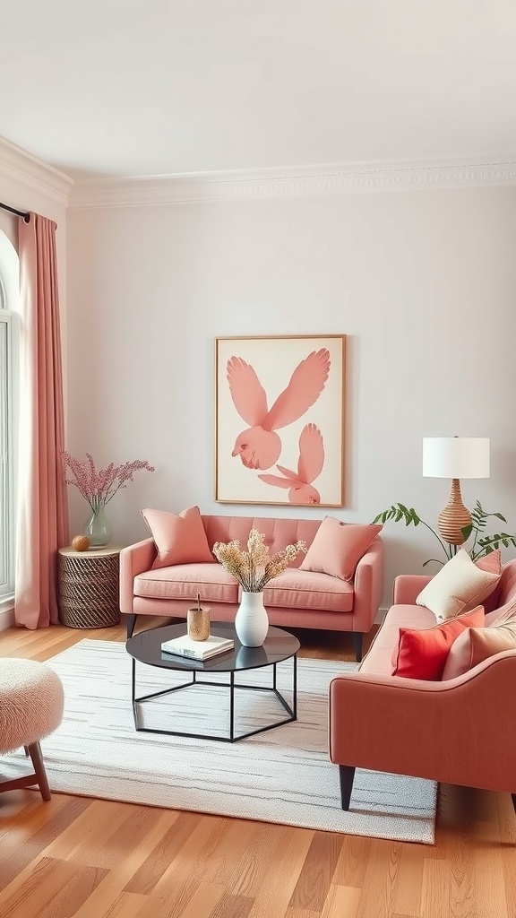 A cozy living room featuring coral pink sofas, a black coffee table, and light curtains, with a bird-themed artwork on the wall.