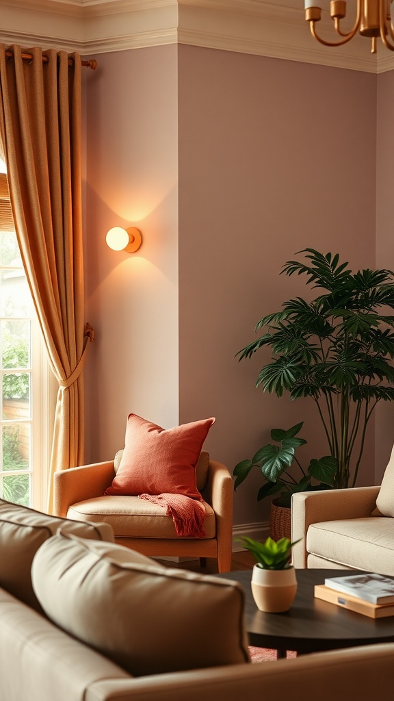 Cozy living room featuring coral pink wall sconces with a soft glow, enhancing the warm ambiance.