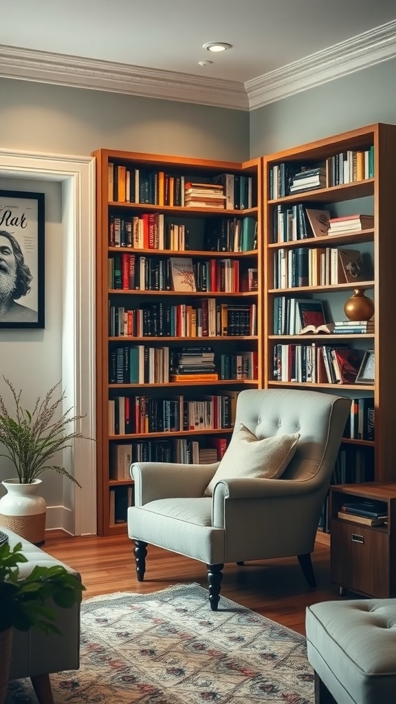 Cozy corner bookshelf nook with a plush armchair and warm wooden shelves filled with books.