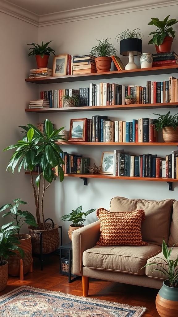 Cozy living room corner with wooden shelves filled with books, plants, and decorative items