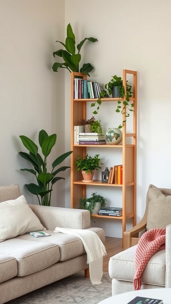 A wooden corner shelving unit filled with books and plants in a living room setting.