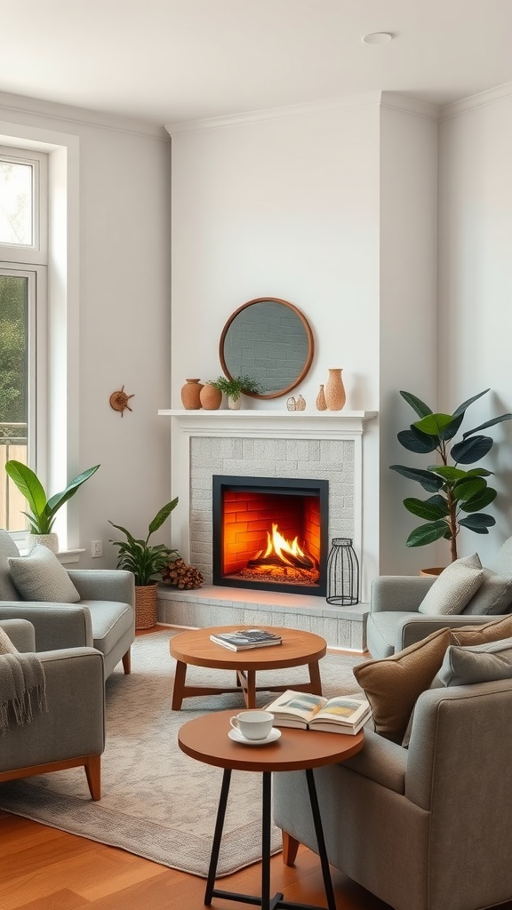 A cozy living room with a corner fireplace, comfortable seating, and a warm atmosphere.