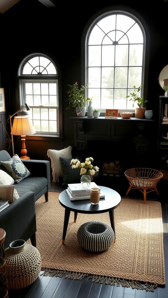 Cozy black living room with arched windows, dark furniture, and decorative elements